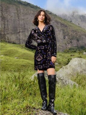 Farm Rio Black Arabesque Mix Scarves Wrap Mini Dress NWT